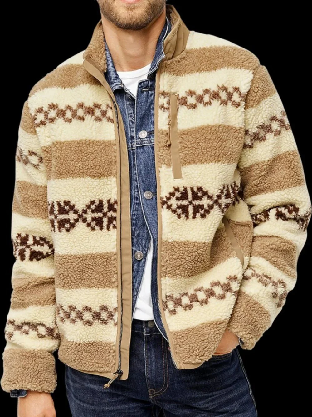 J.CREW Nordic Fair-Isle Sherpa Fleece Full-Zip Brown/Cream Striped Jacket M